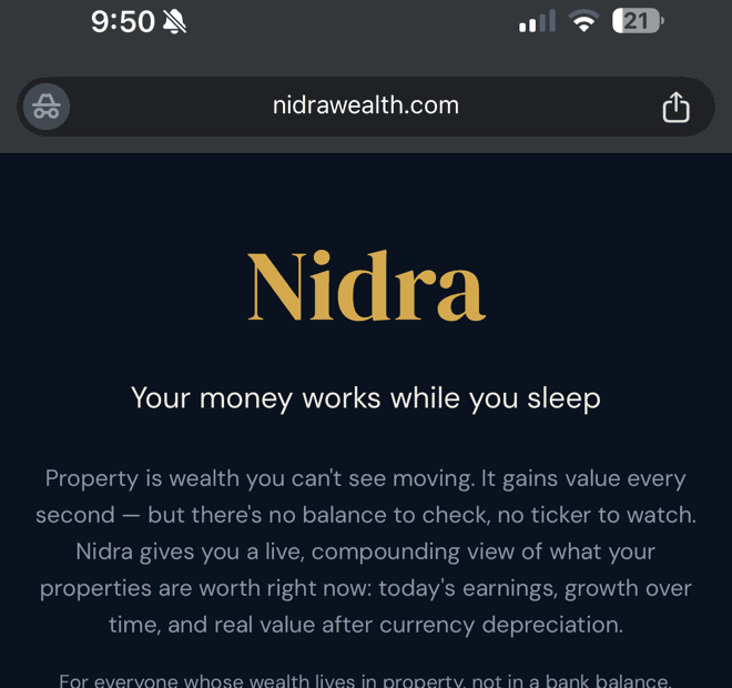 Nidra home page in Chrome on iPhone, with the Share button at the top right of the address bar
