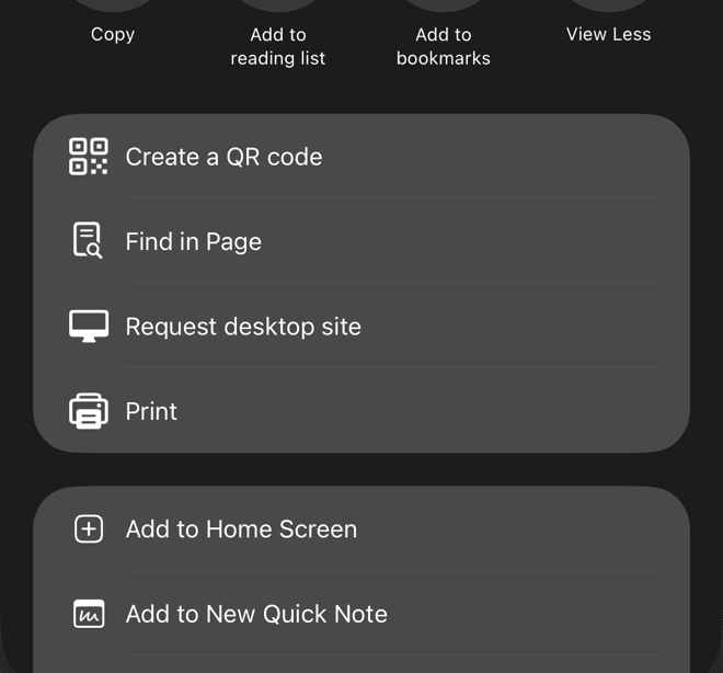 The share menu scrolled down, showing the Add to Home Screen option