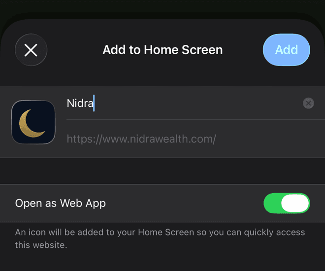 The Add to Home Screen confirmation with the Nidra icon and the Add button at the top right
